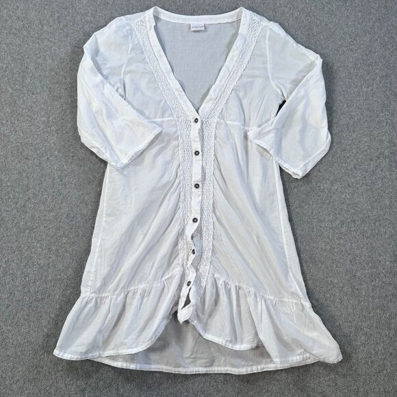 Saha White Button Front Swim Coverup Women's Medium White Crochet Trim Ruffle - Picture 1 of 7